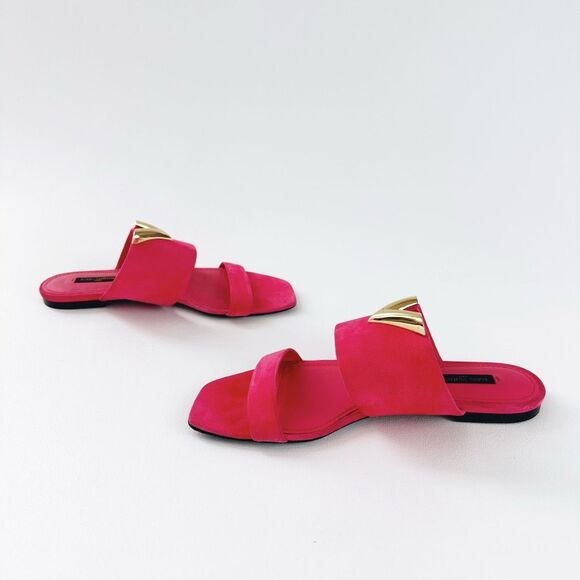 LOUIS VUITTON Pink Bayfront Slide Sandals 39 US 8.5 Gold Logo Suede Flat Mules - Picture 8 of 12